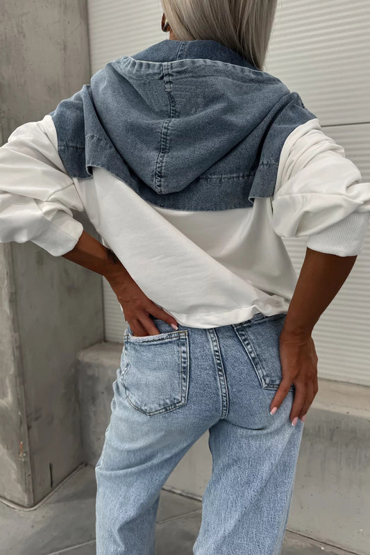 Loose Wash Denim Patchwork Hoodie