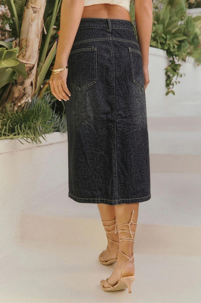 Button Front Cargo Denim Midi Skirt