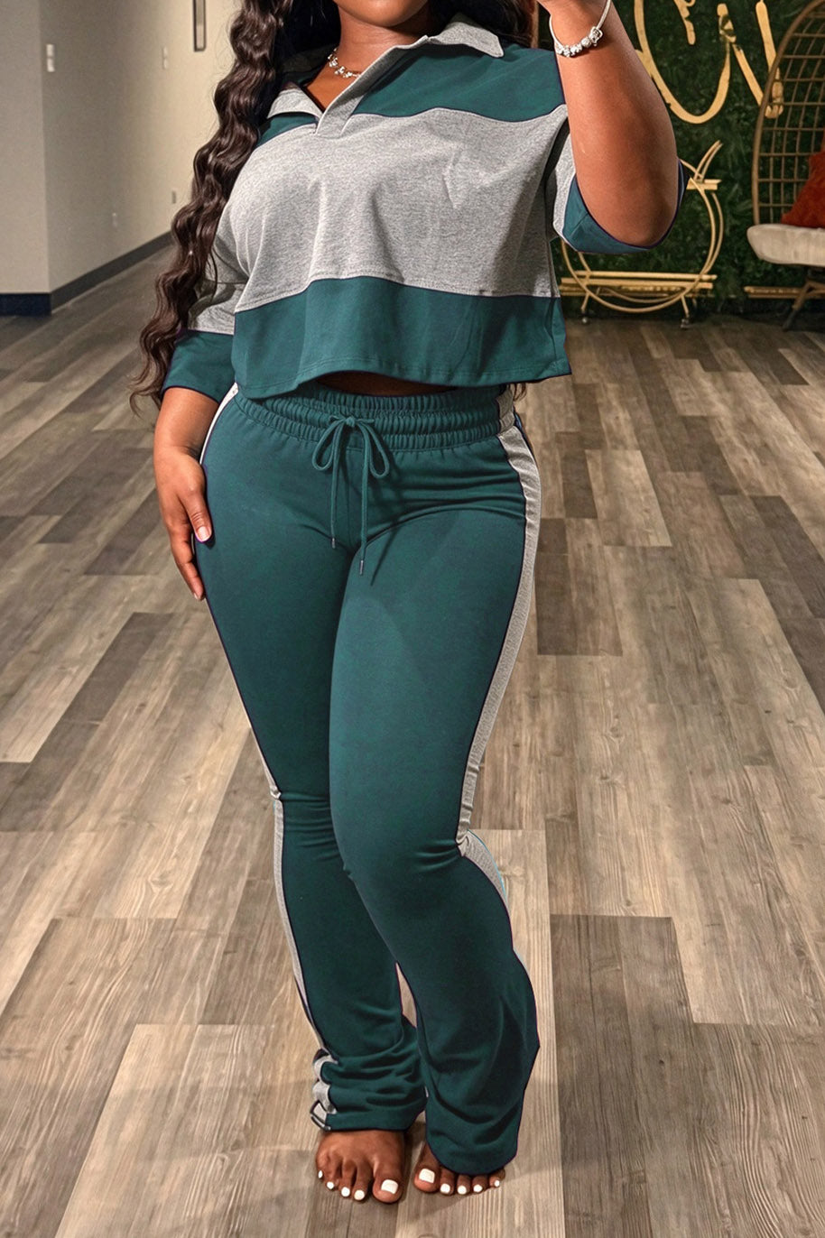 Colorblock Cropped Polo & Flare Pants Set