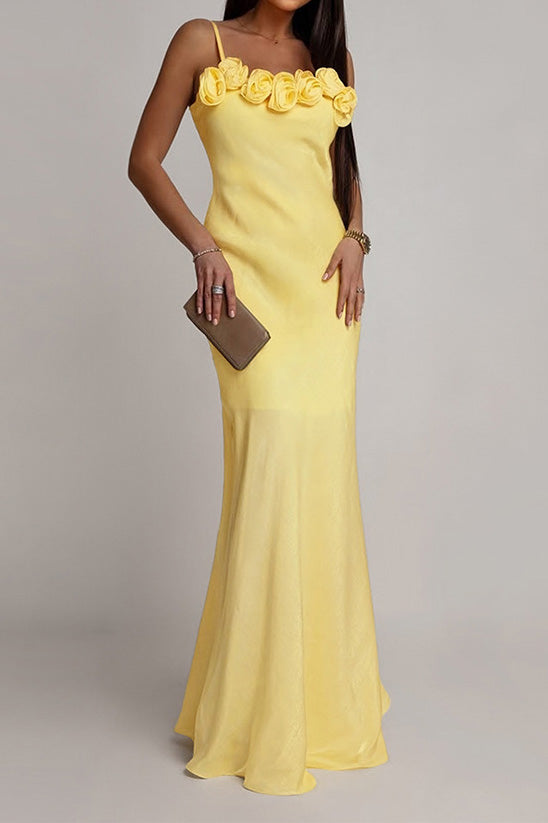 3D Floral Rosette Satin Maxi Dress