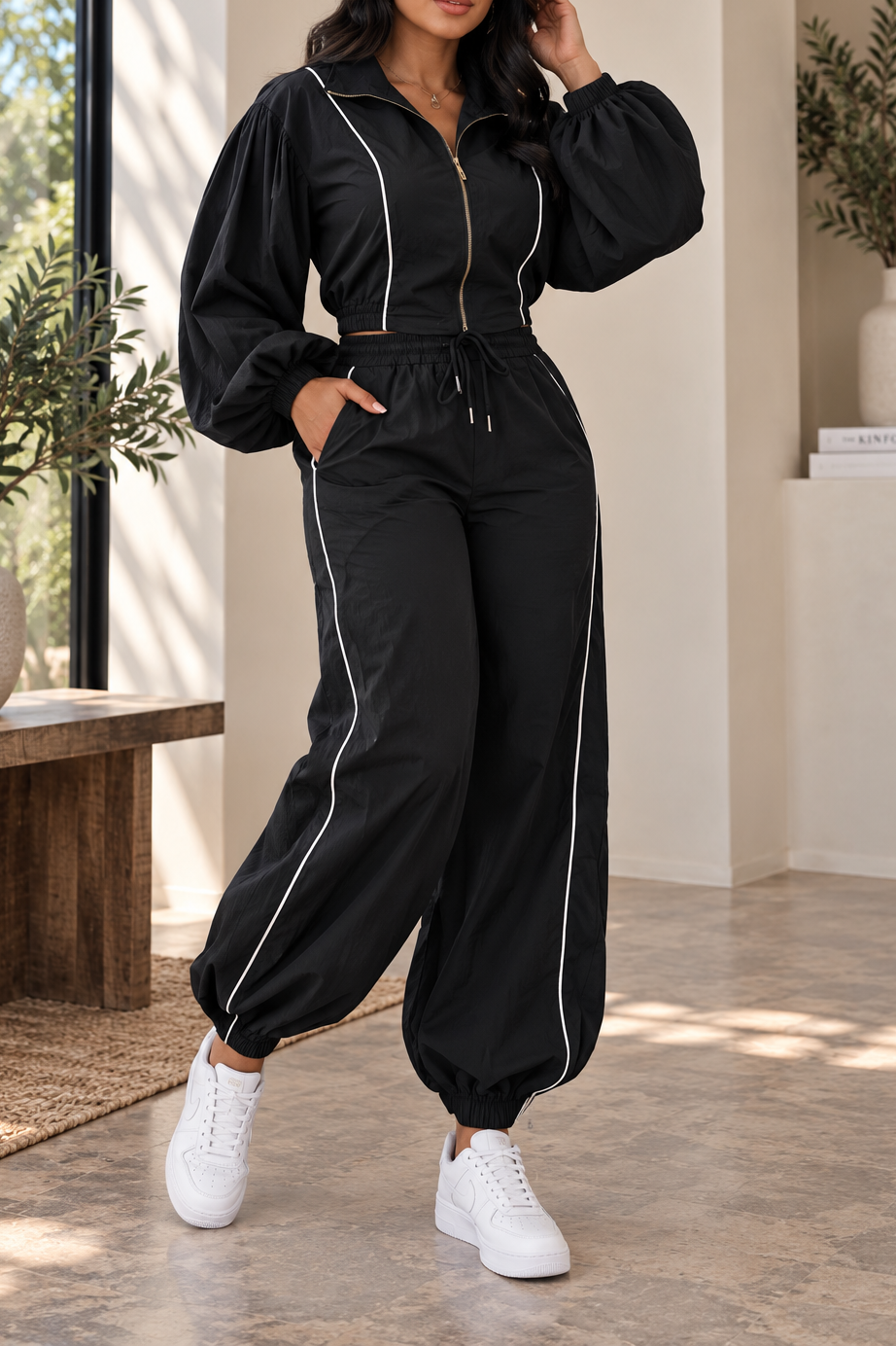 Piped Balloon Sleeve Tracksuit Set
