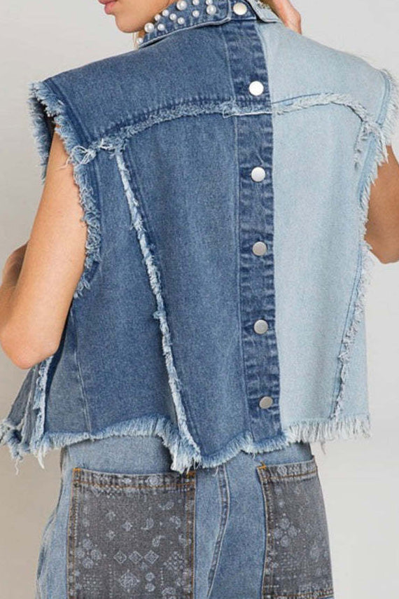 Two-Tone Pearl & Studded Distressed Denim Vest