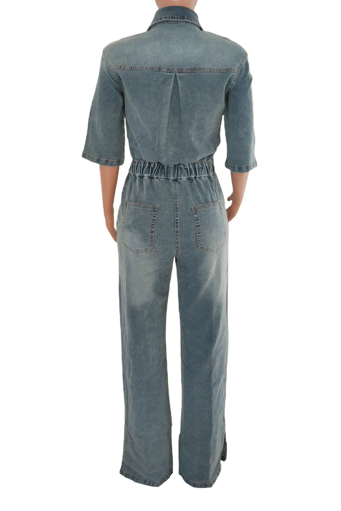 Stretch Denim Jumpsuit with Split Flare Legs