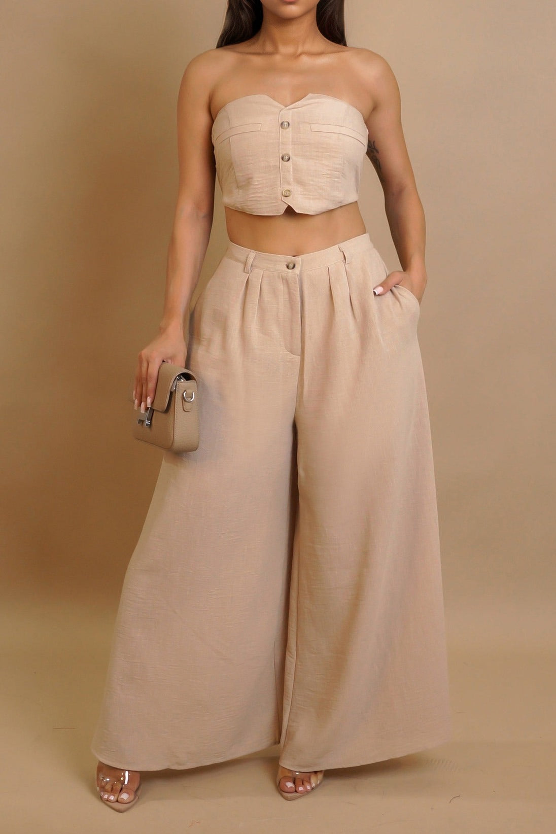 Stretch Tube Top Vest and Wide Leg Pants Set
