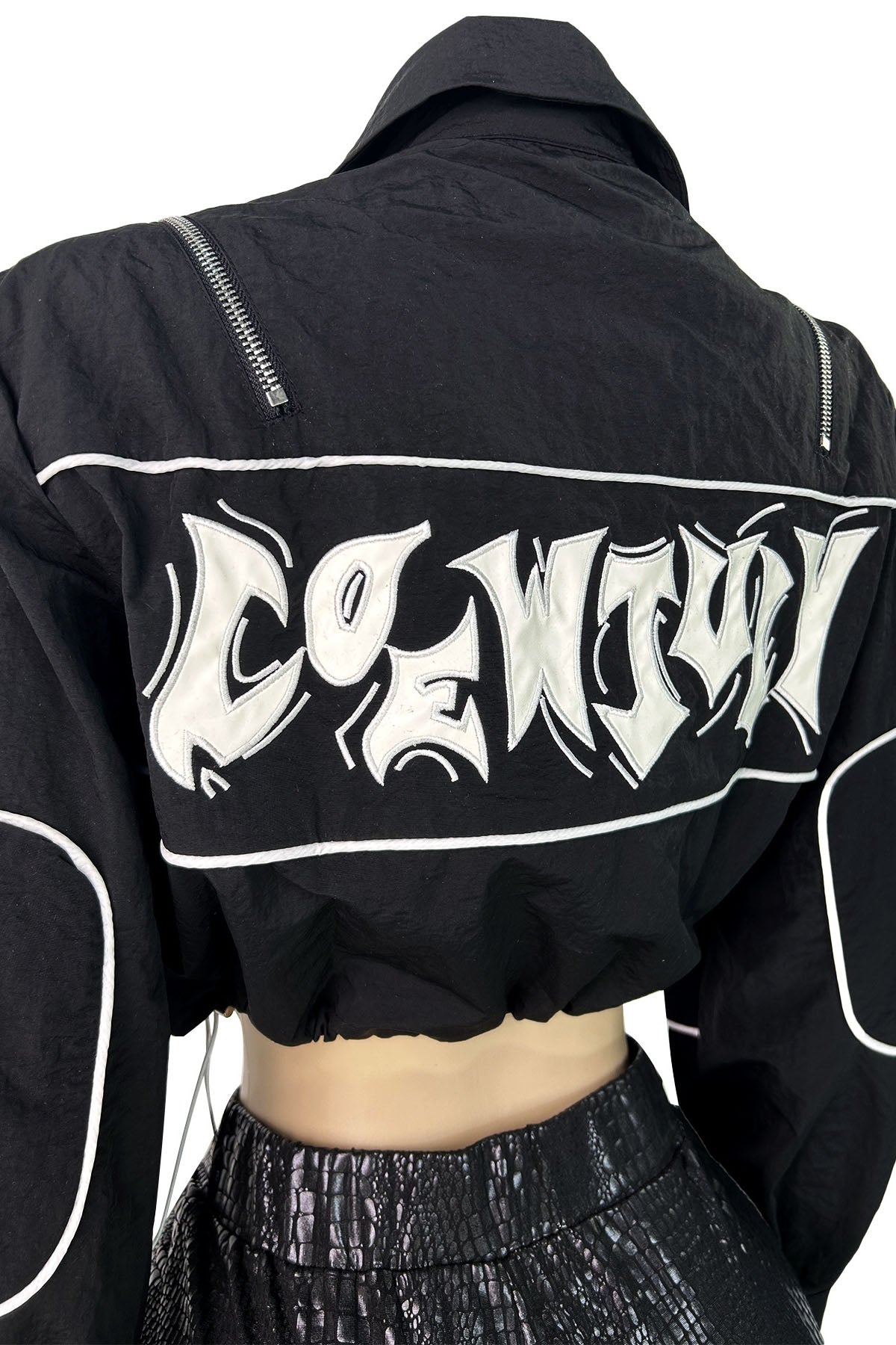 Letter-Embroidered Cropped Drawstring Jacket