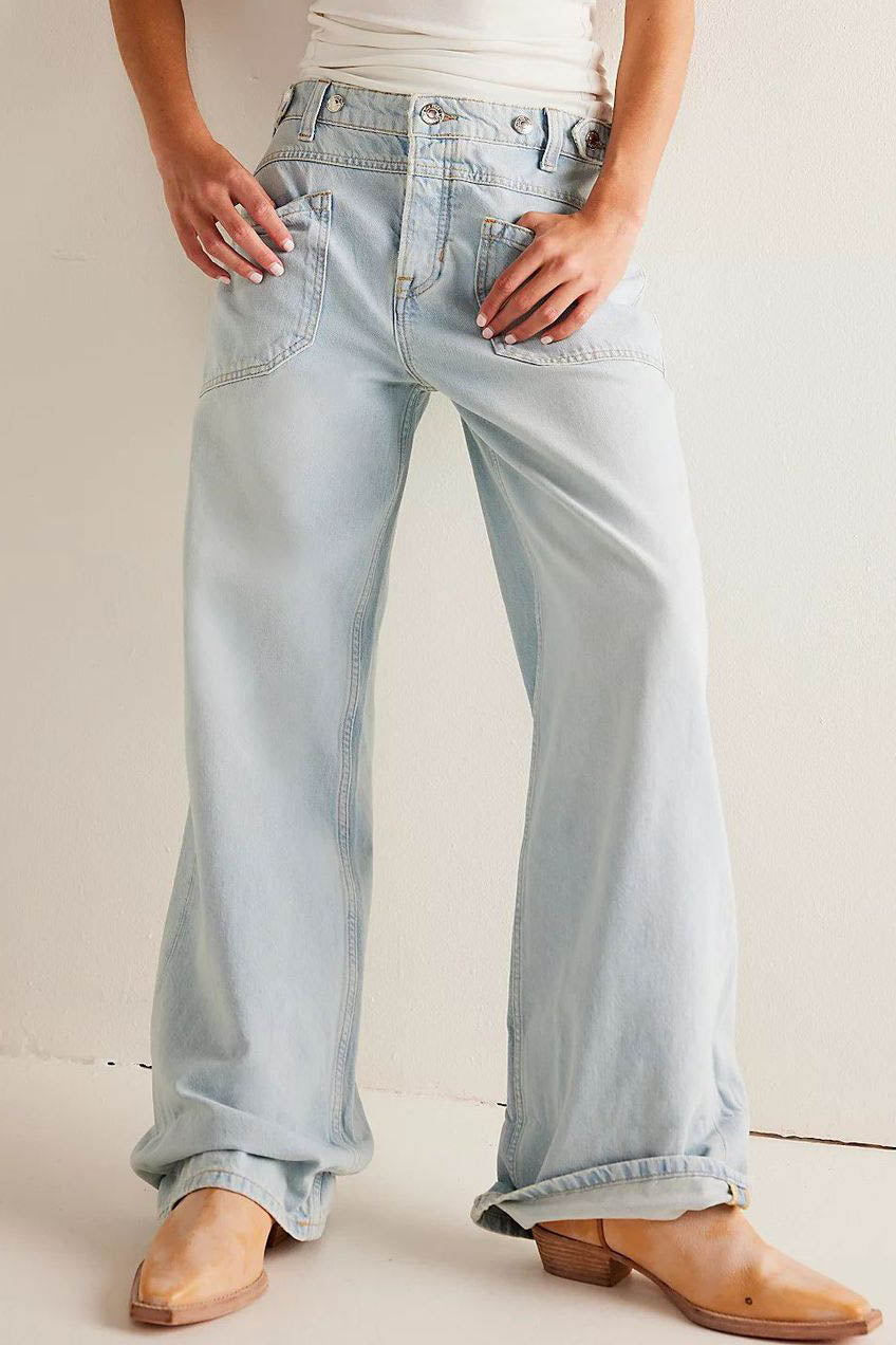 Washed Wide Leg Cuffed Jeans