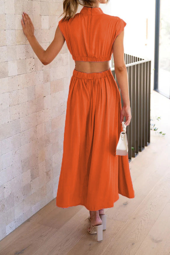 Mock Neck Cut Out Pleated Maxi Dress
