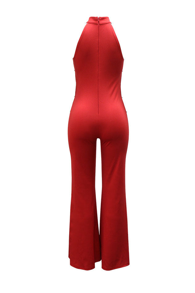 Halter Rhinestone Chain Cutout Flared Jumpsuit