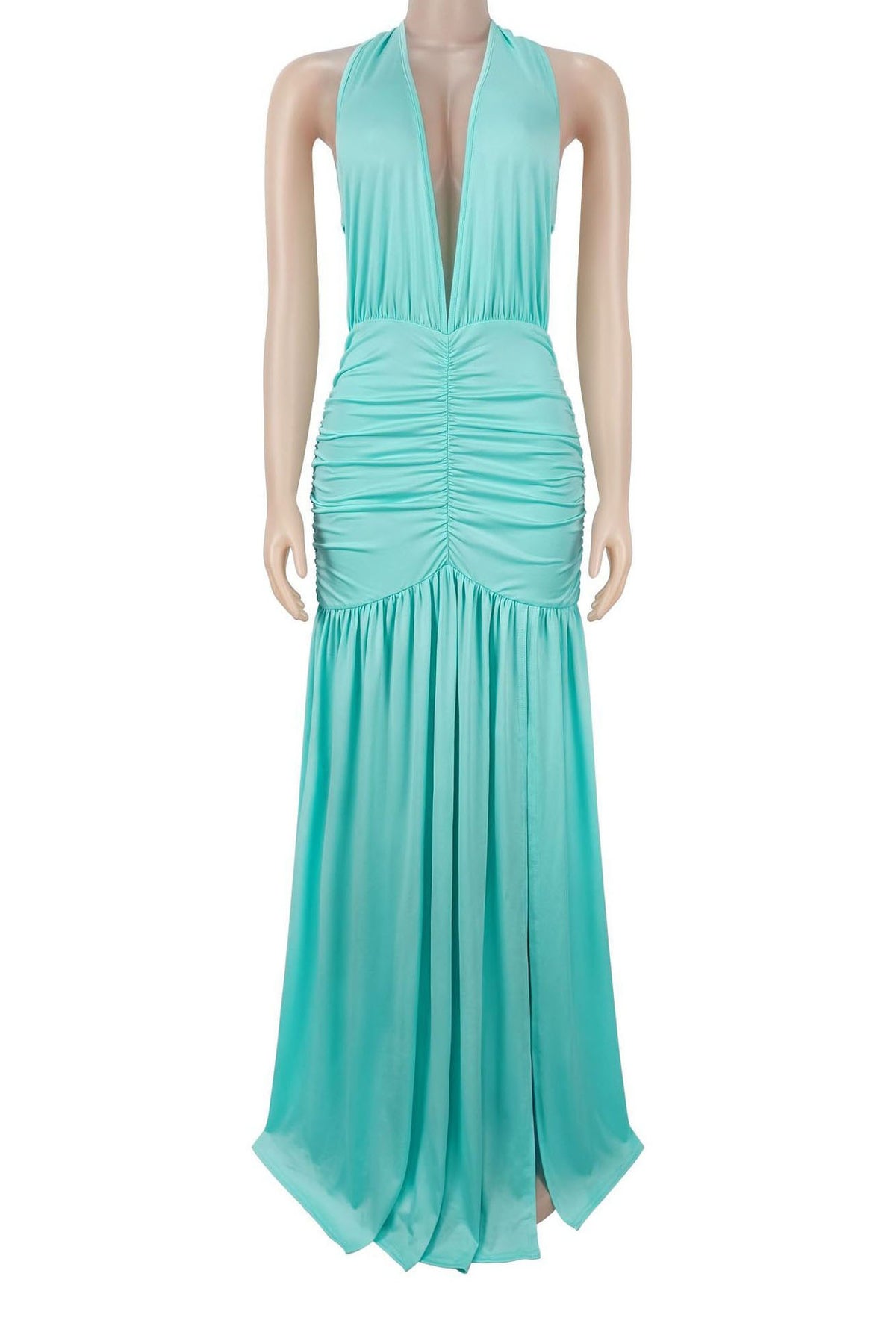 Plunging Halter Ruched High Slit Maxi Dress