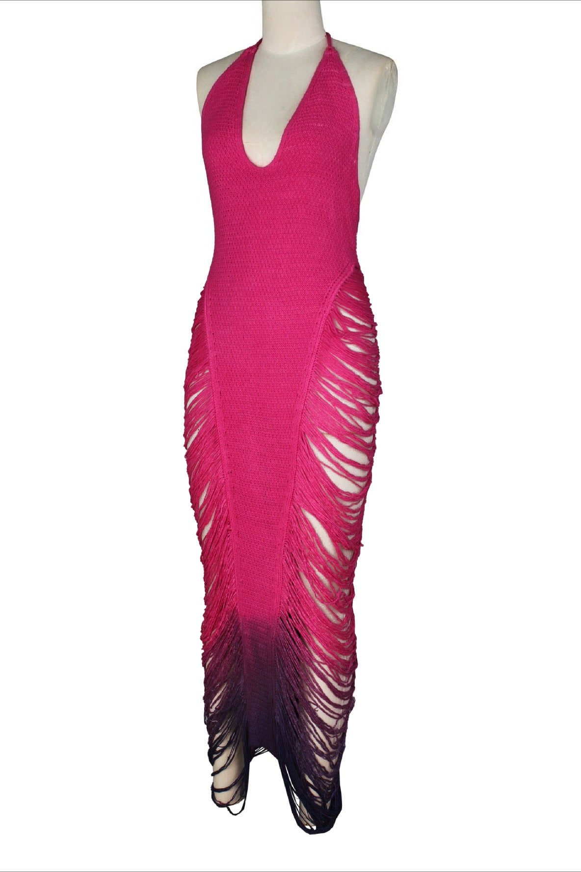 Crochet Halter Fringe Maxi Dress