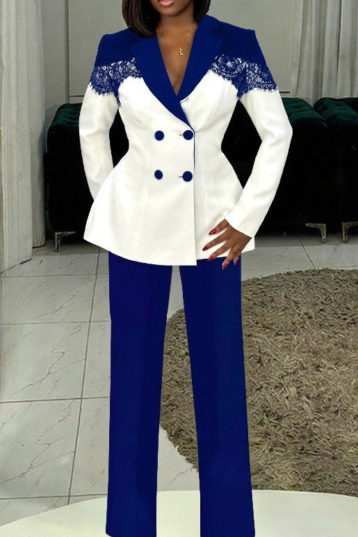 Lace Panel Slim Fit Blazer & Pants Set