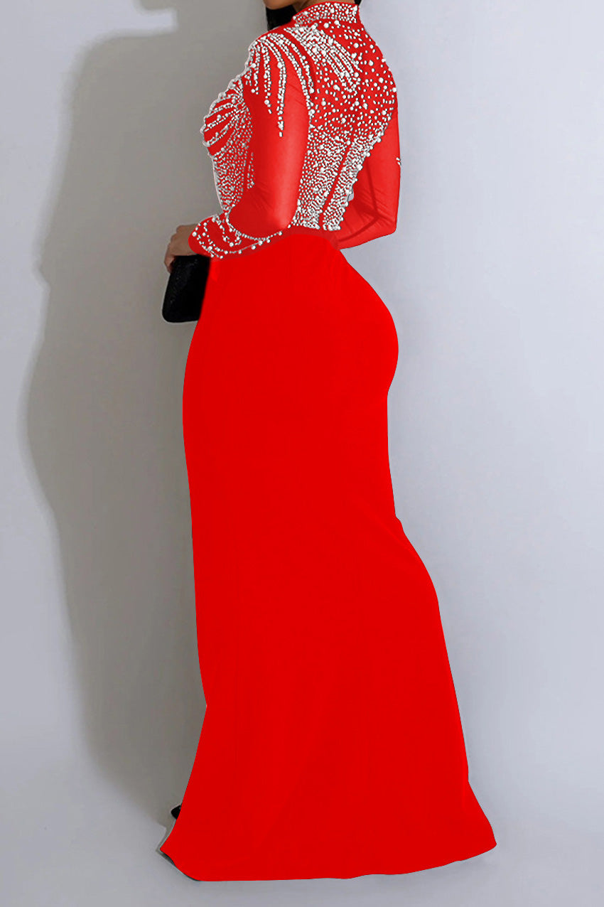 Rhinestone Mesh High Slit Maxi Dress