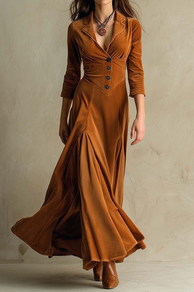Solid Velvet Lapel Button Maxi Dress