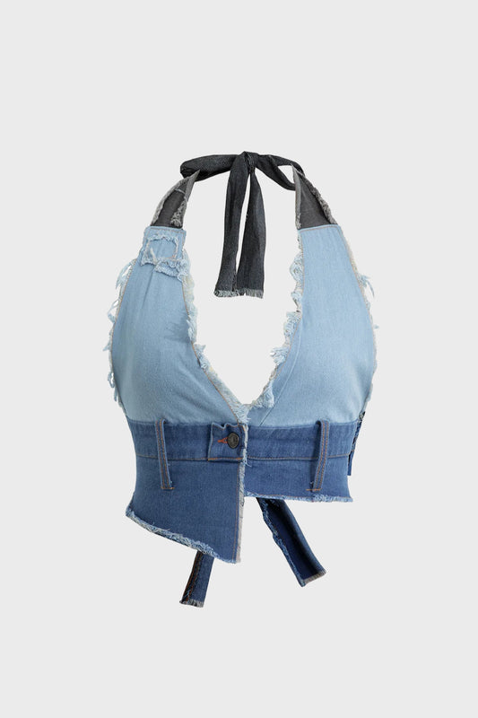Frayed Tie Halter Denim Vest
