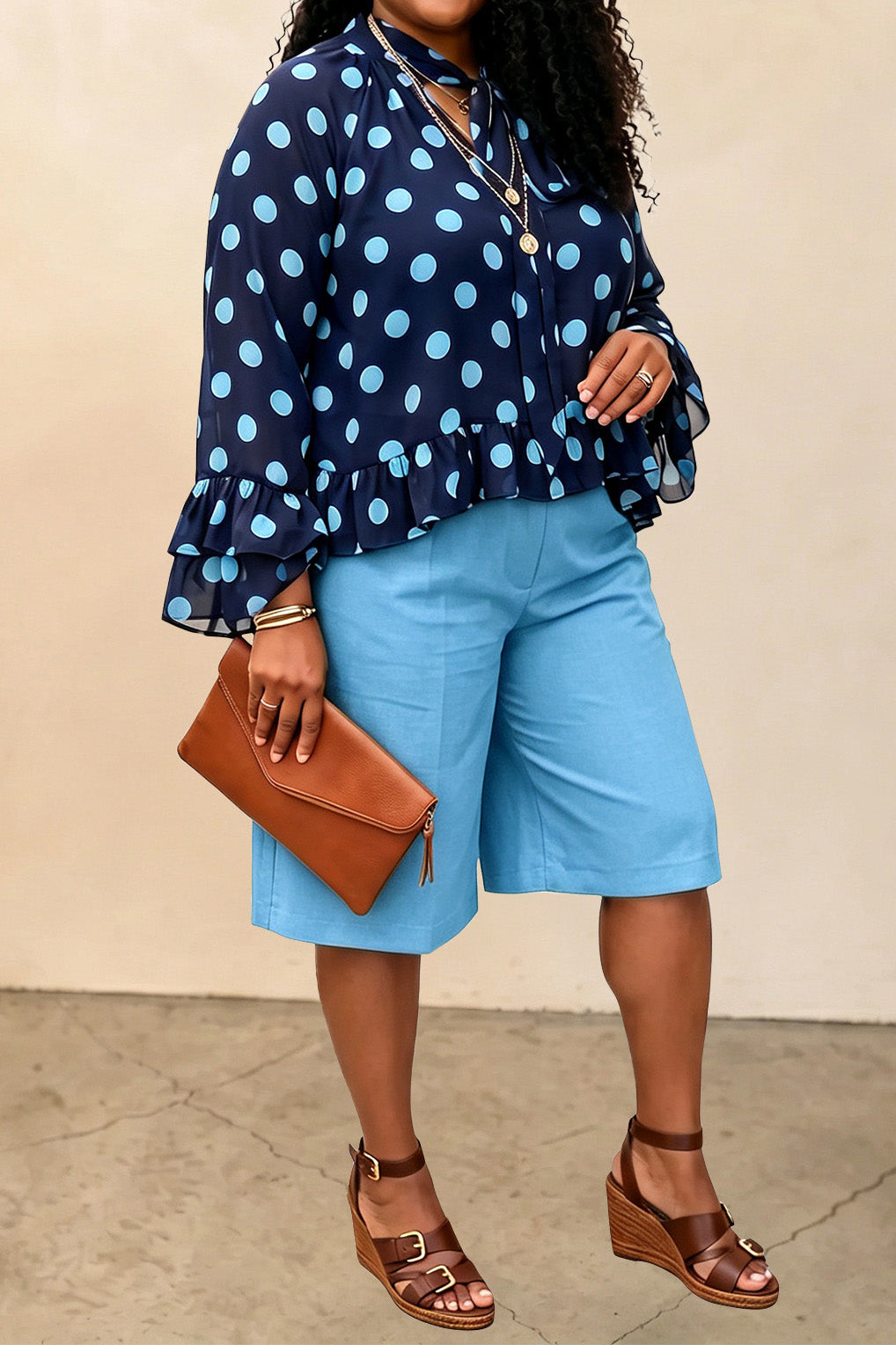 Plus Size Polka Dot Top & Capri Pants Set