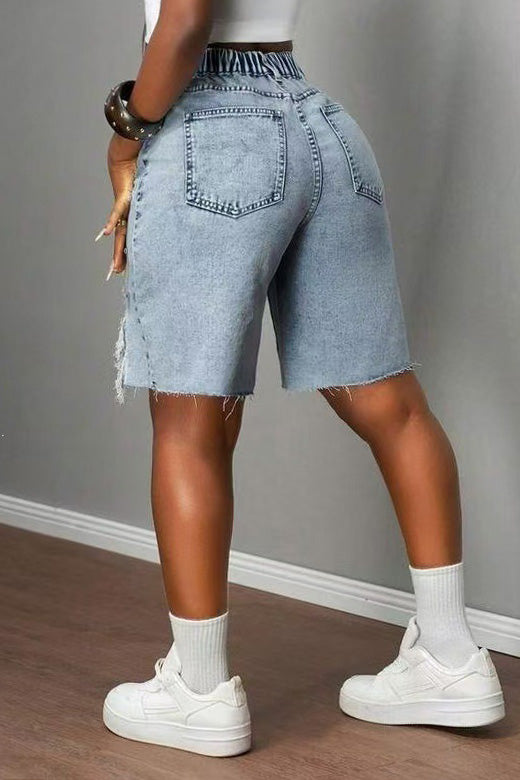 Rhinestone Distressed Denim Bermuda Shorts