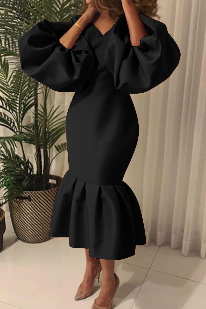 Plus Size Solid Color Puff Sleeve Flounce Dress