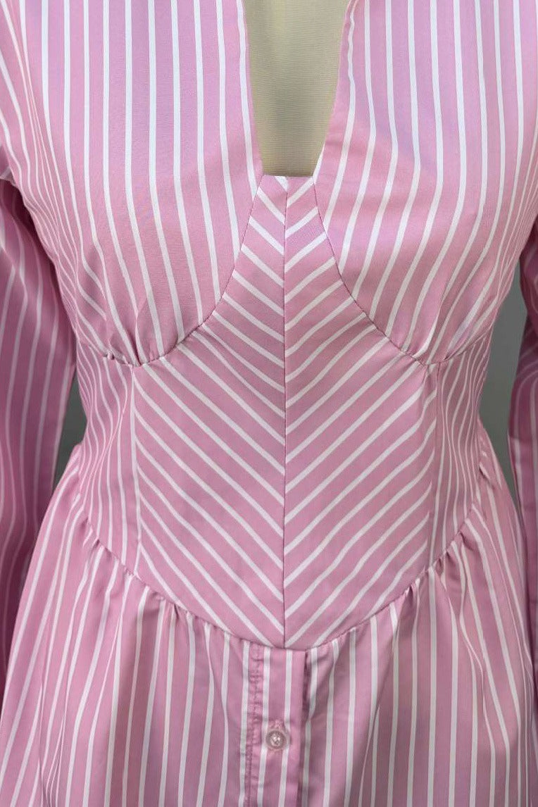 Striped V-Neck Corset-Waist Mini Shirt Dress