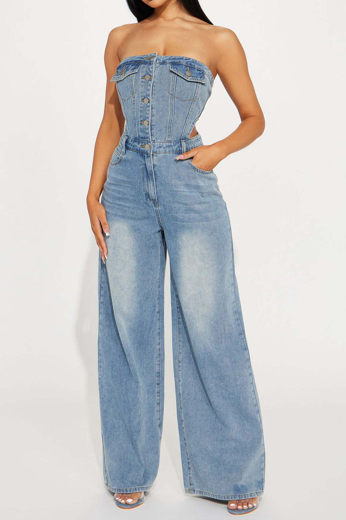 Strapless Slim Top Wide-Leg Denim Jumpsuit