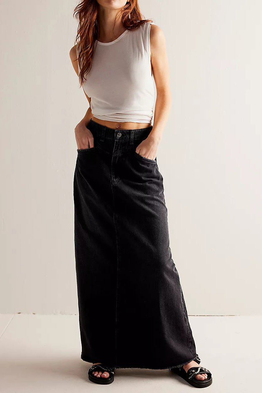 Loose Straight Denim Maxi Skirt