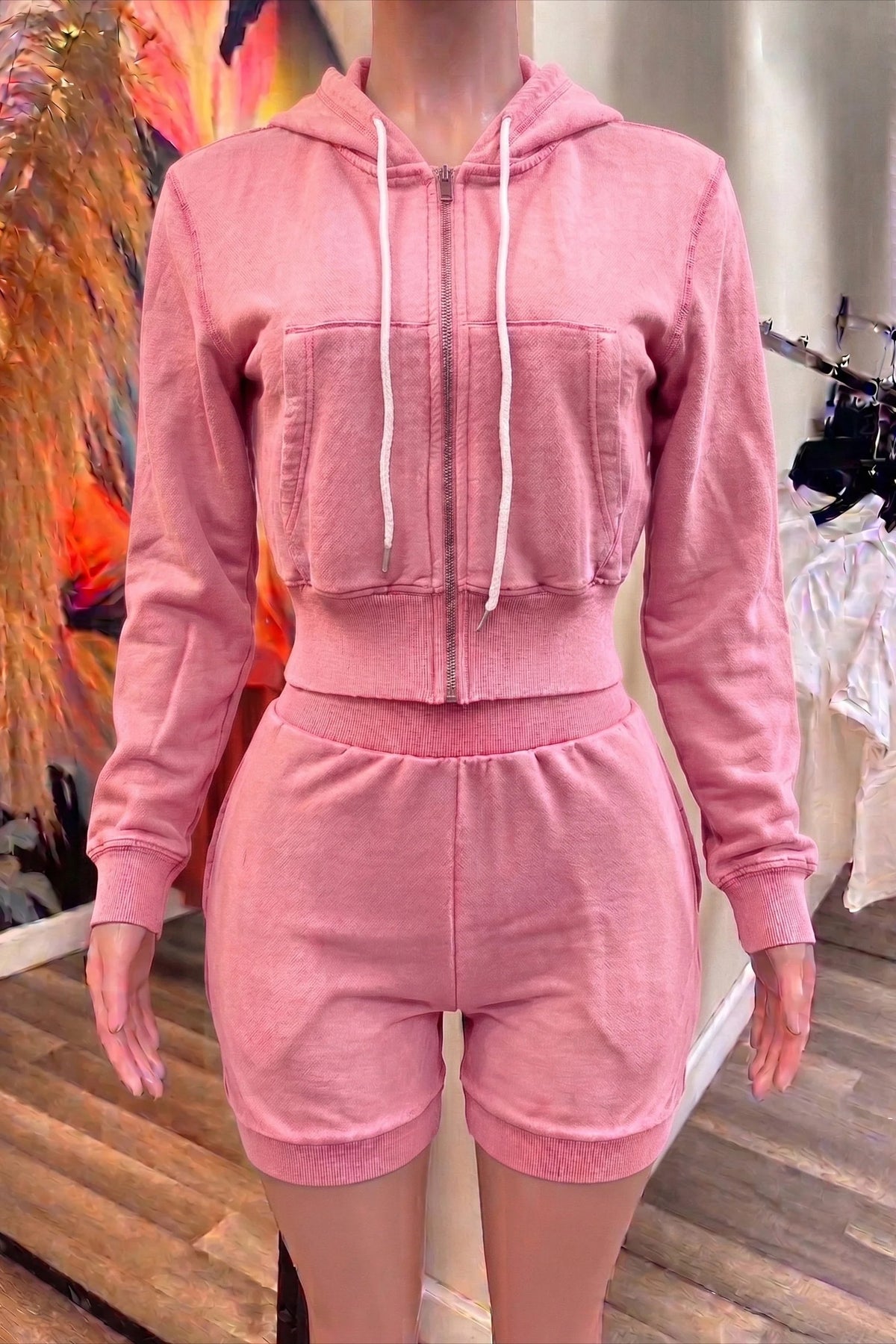 Mineral Wash Zip Hoodie & Shorts Set