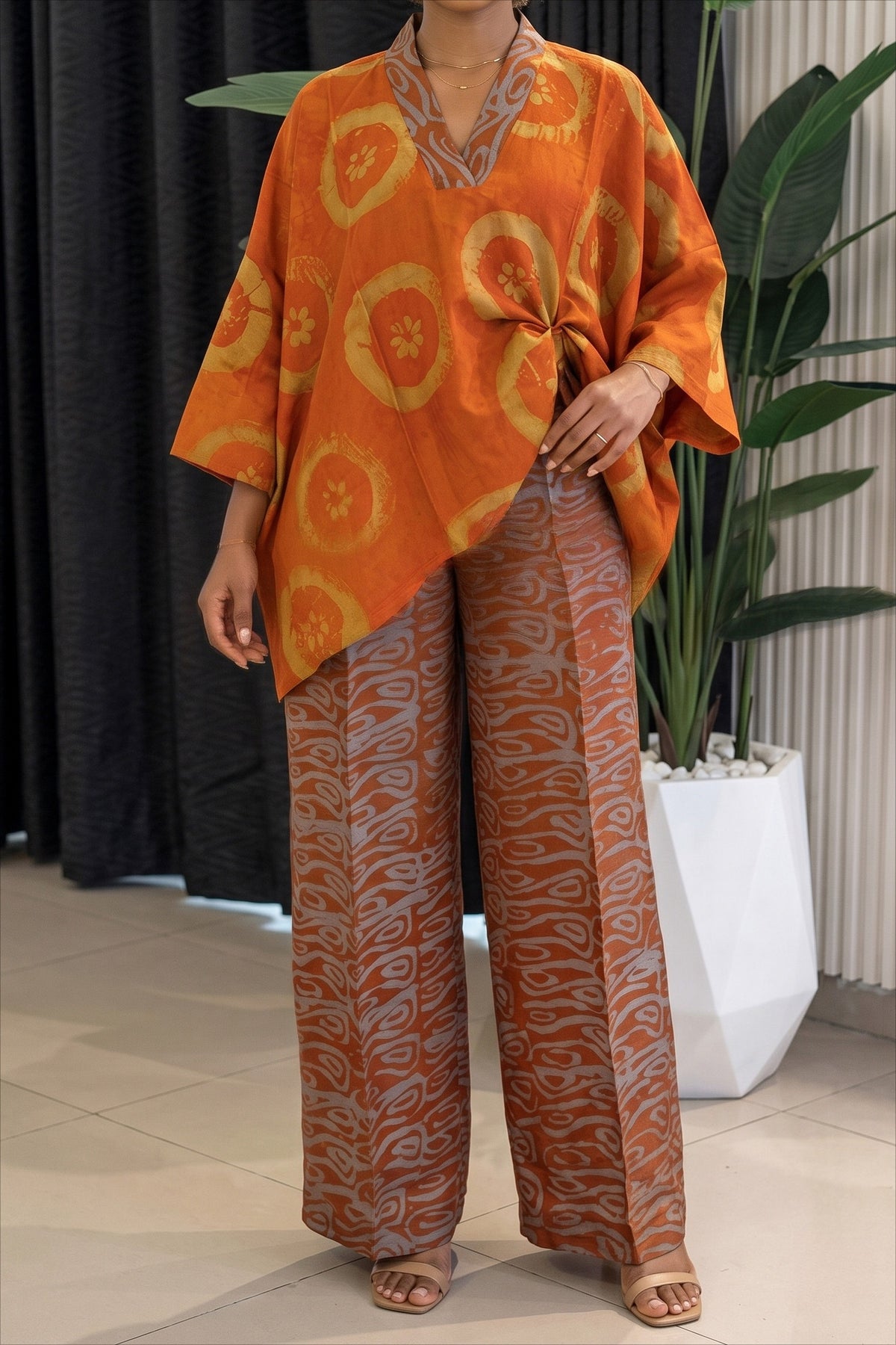 Abstract Print Kaftan & Wide Leg Pants Set