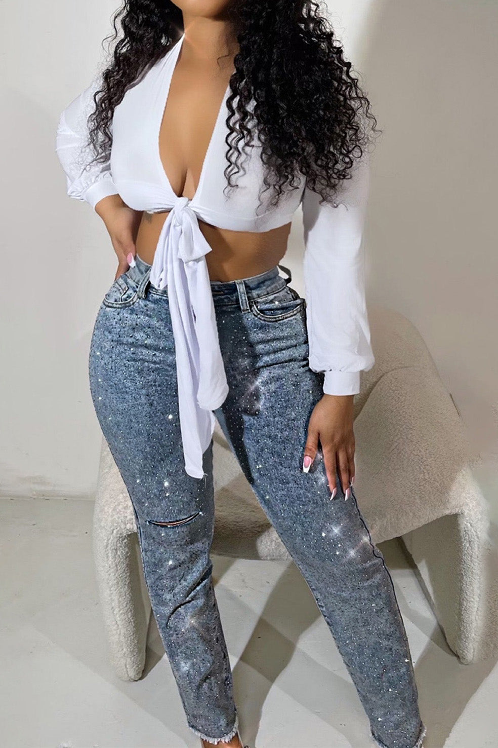 Rhinestone Skinny Raw Hem Jeans