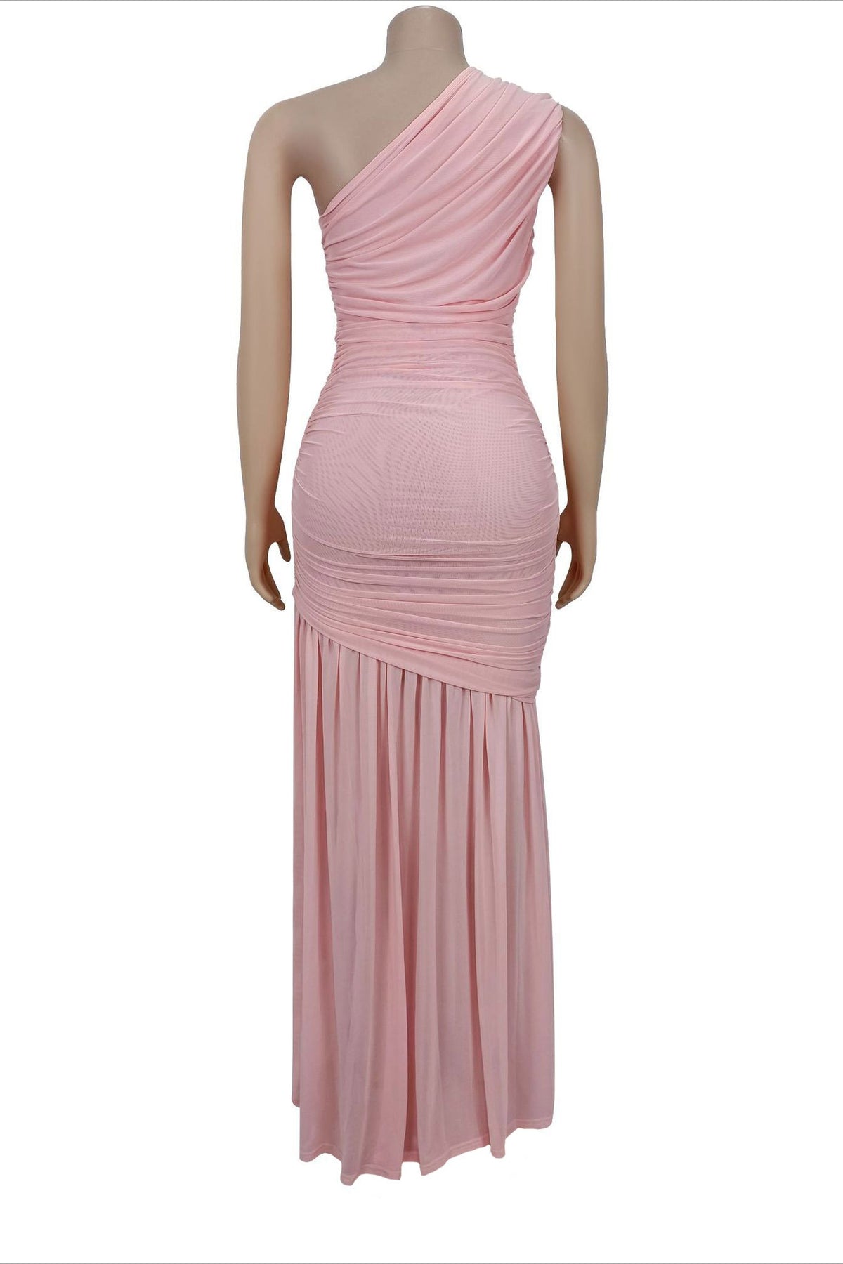 One-Shoulder Ruched Mesh Maxi Dress