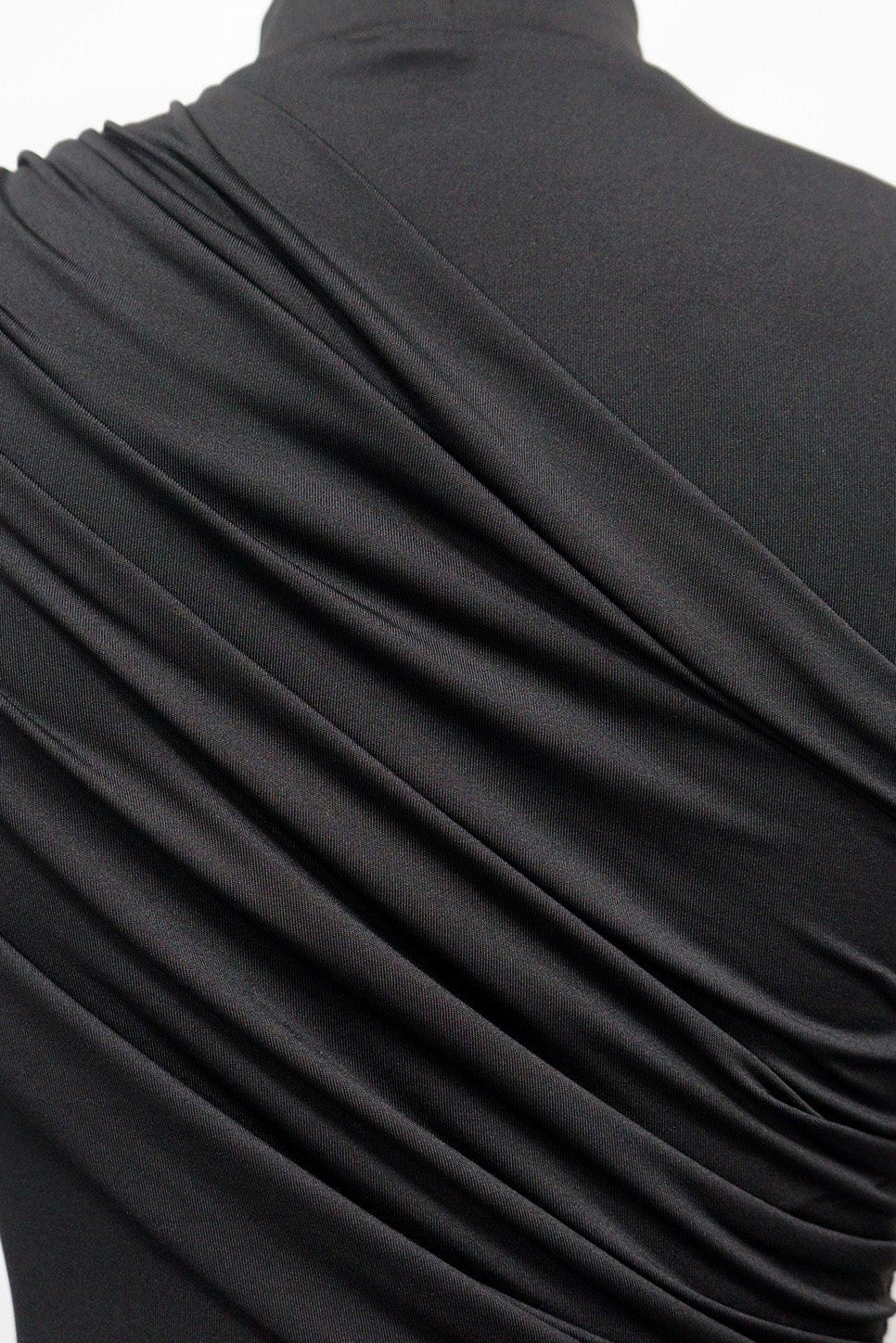 Mock Neck Ruched Mini Dress with Draped Train