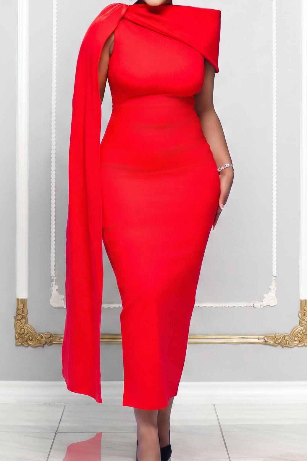 Elegant Asymmetric Draped Cape Maxi Dress