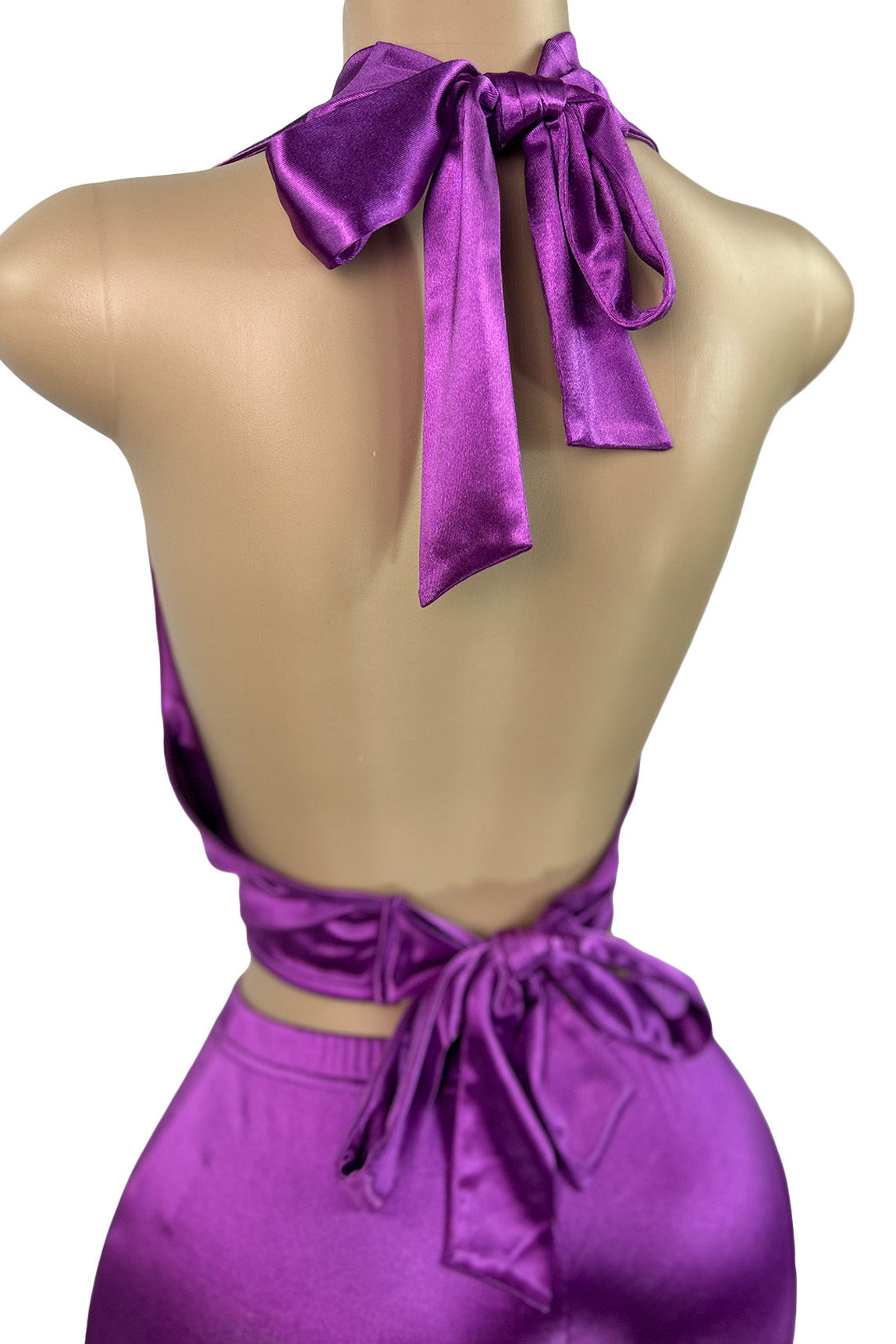 Satin Halter Tie Deep V Neck Top and Pants Set