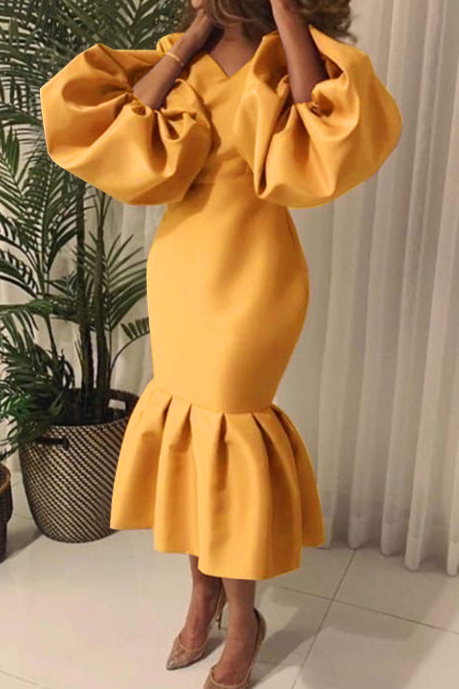 Plus Size Solid Color Puff Sleeve Flounce Dress