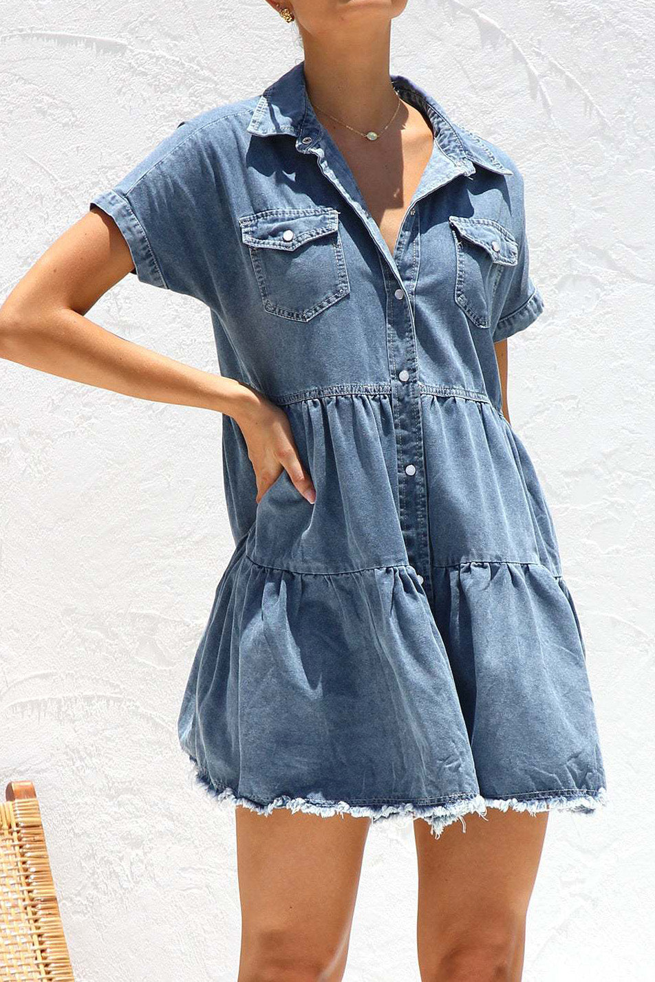 Raw Hem Short Sleeve Denim Dress