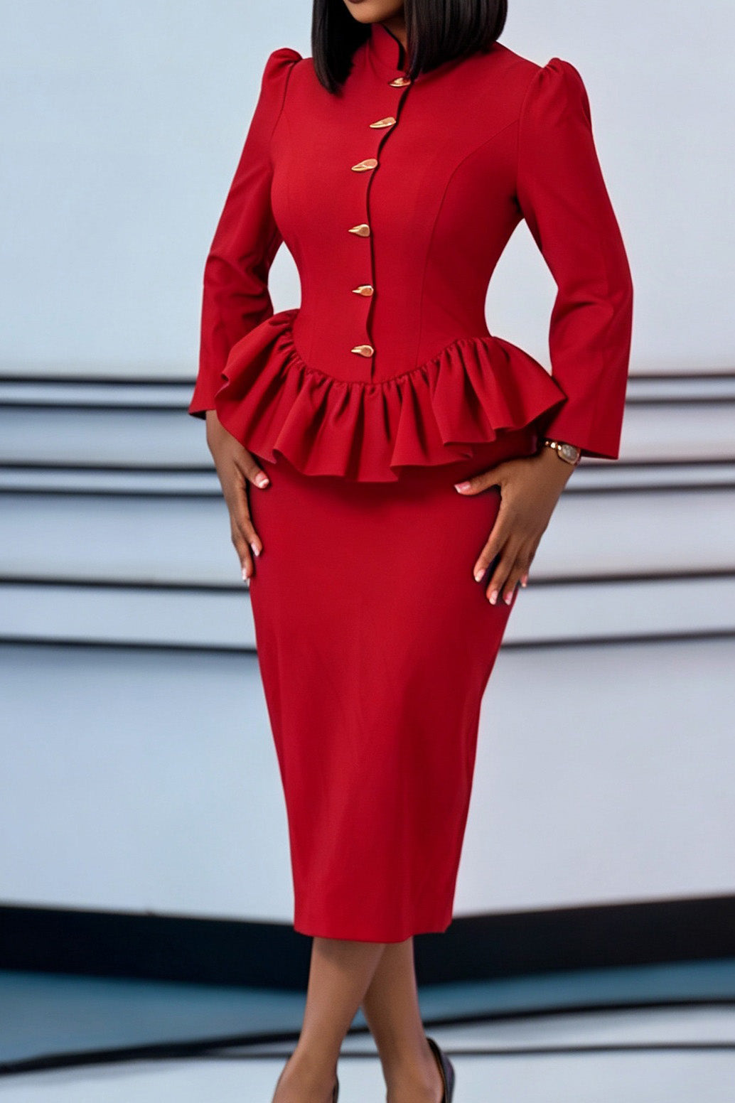 Peplum Jacket Pencil Skirt Two Piece Set