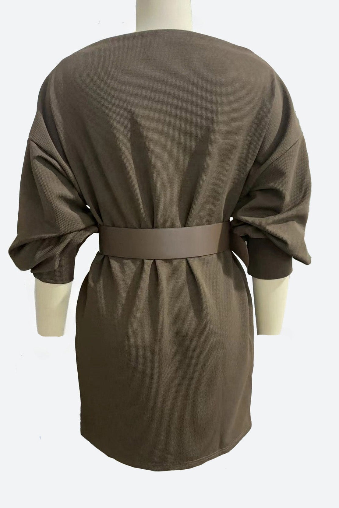 Lantern Sleeve Belted Knit Mini Dress