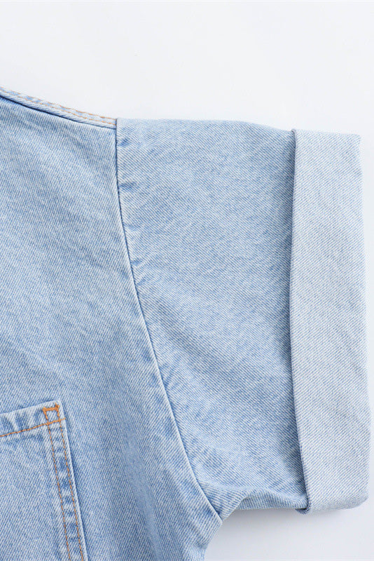 Denim Short Sleeve Romper with Pockets