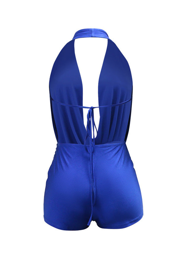 Draped Plunging Halter Backless Romper