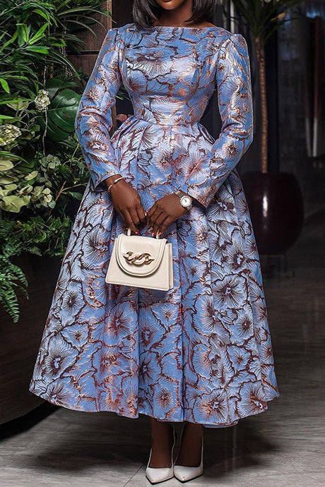 Crew Neck Long Sleeve Pleated Midi Dress