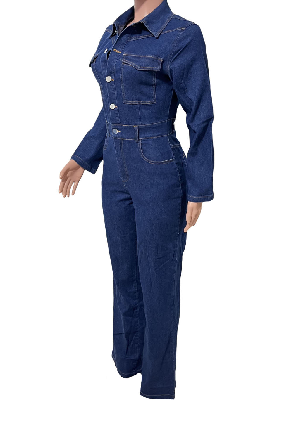 Stretch Flare Leg Long Sleeve Denim Jumpsuit