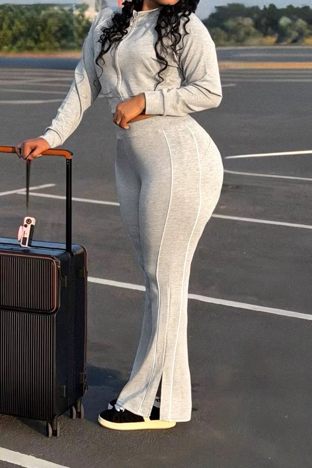 Contrast-Piping Zip Jacket & Flare Pants Set