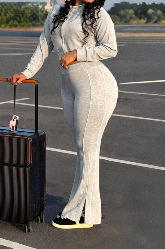 Contrast-Piping Zip Jacket & Flare Pants Set