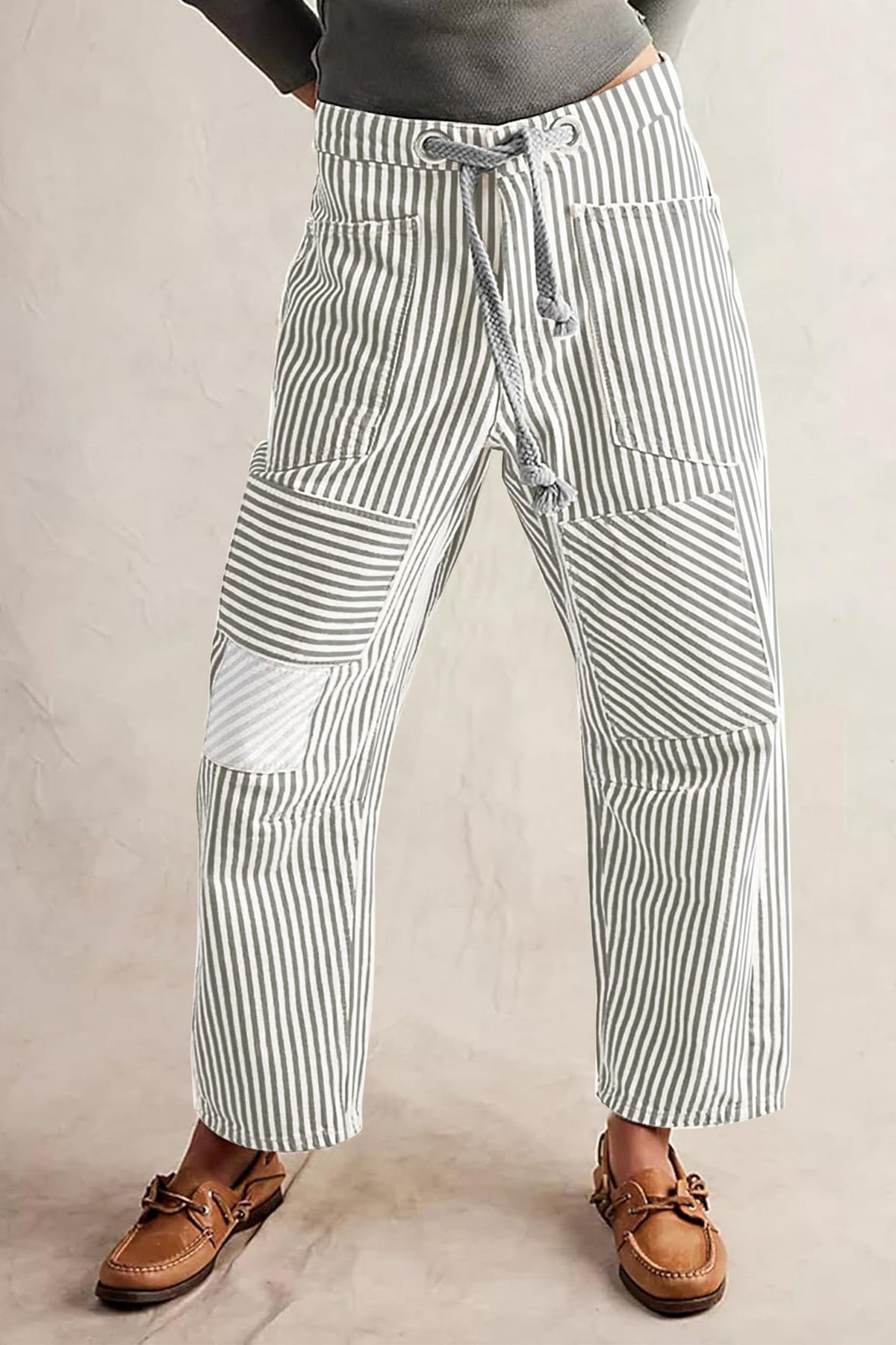 Loose Casual Striped Wide Leg Drawstring Trousers