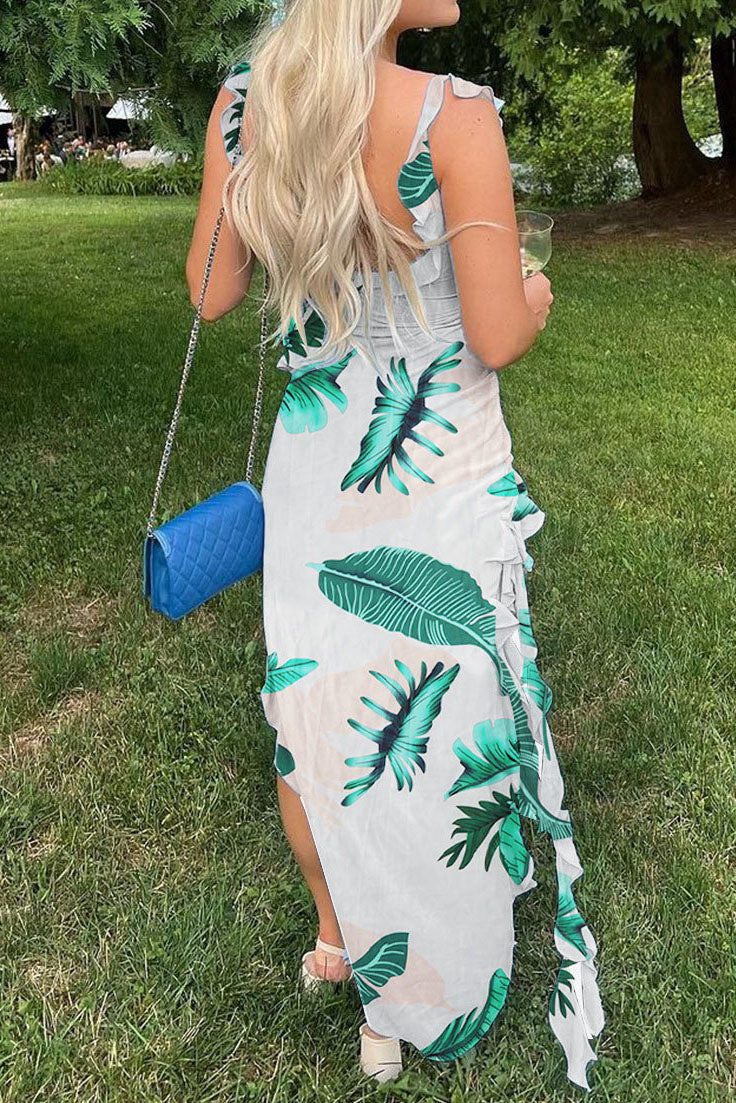 Long Strapless Dress With Slits and Tropical Print