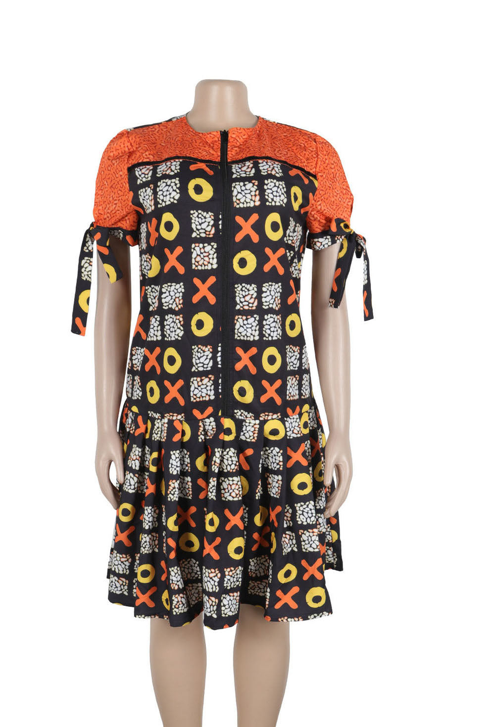 Print Strap Design Zipper O Neck Printed Dress