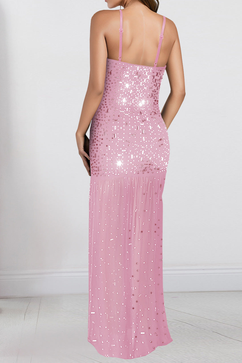 Rhinestone Strap Slit Bodycon Dress