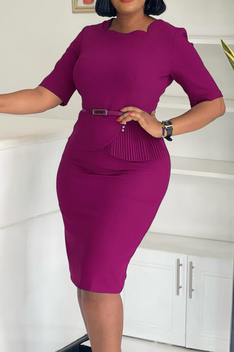 Solid Short Sleeves Knee Length Peplum Dress