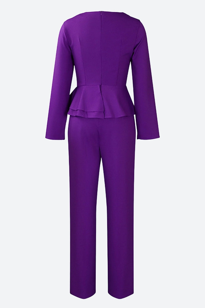 Solid Flounce V Neck Long Sleeve Sets