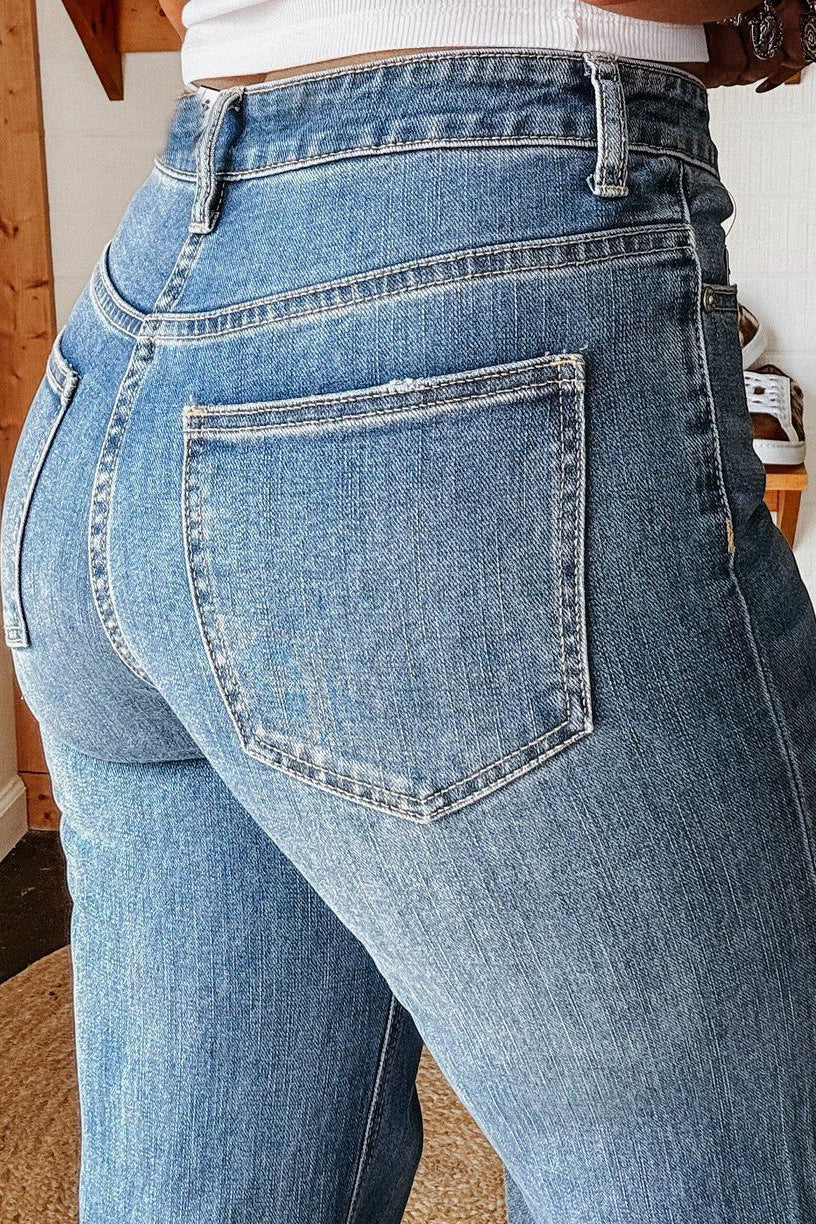 Washed Stretch Straight Leg Jeans