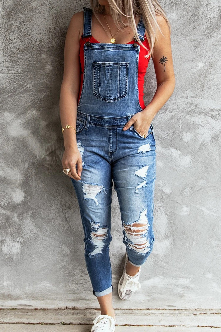 Retro Tattered Jumpsuits Stretch Denim