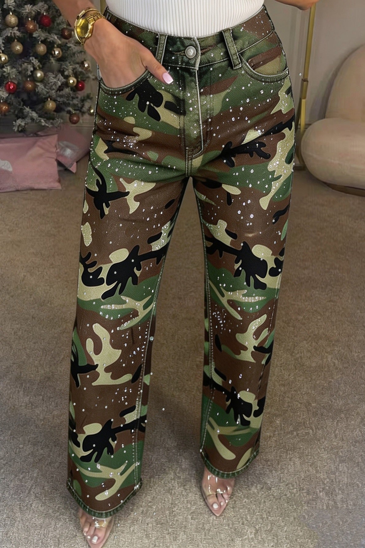 Rhinestone Camo Straight Leg Jeans